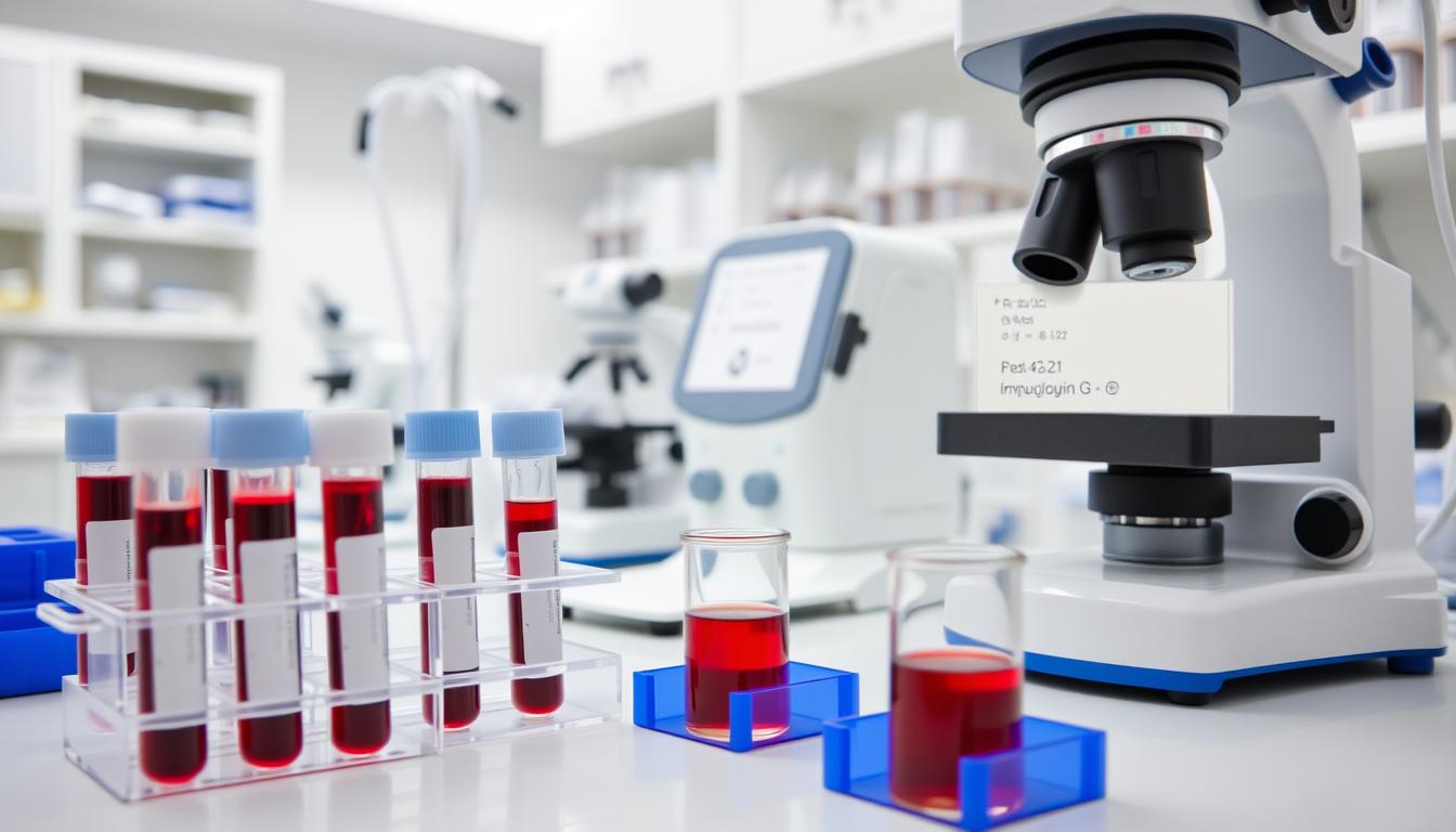 Badanie IG - probówka z krwią i wyniki laboratoryjne