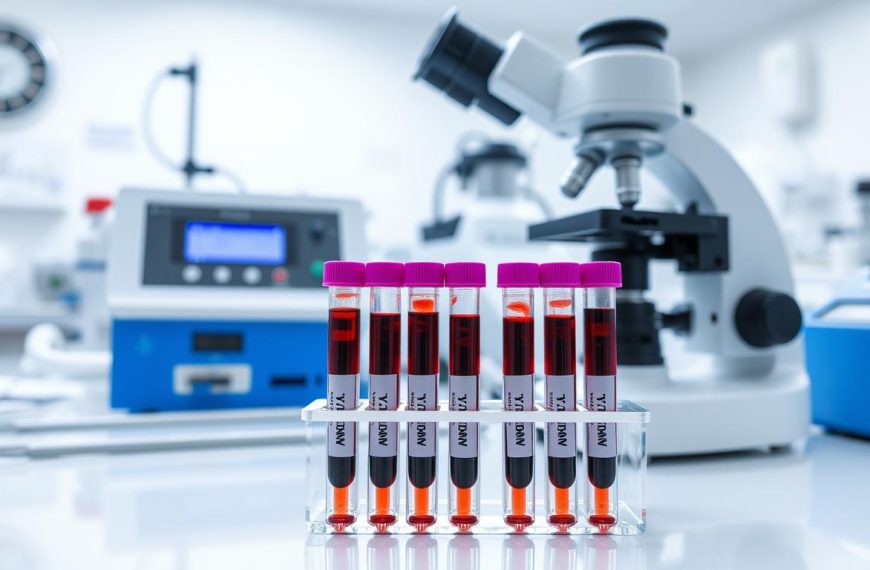 Badanie PPJ - probówka z krwią i mikroskop w laboratorium medycznym