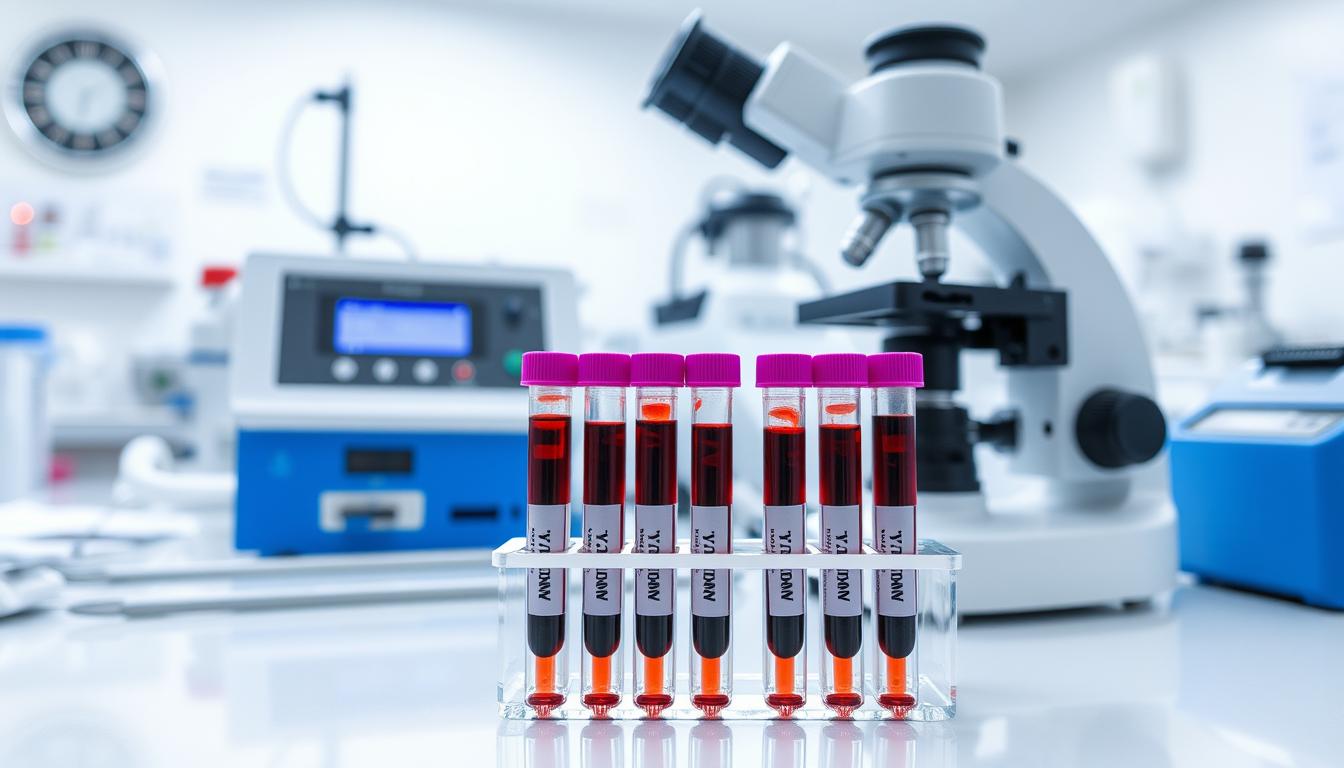 Badanie PPJ - probówka z krwią i mikroskop w laboratorium medycznym