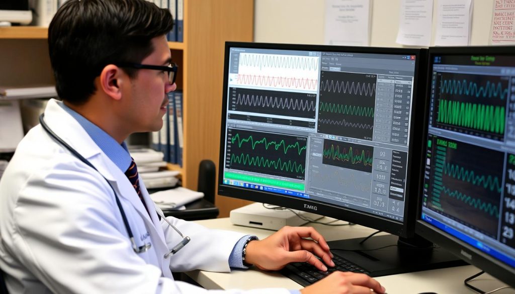 Lekarz analizujący wyniki badania EMG na monitorze komputera
