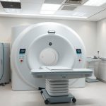 Aparat do badania rezonansem magnetycznym (MR) z widocznym tunelem i stołem dla pacjenta