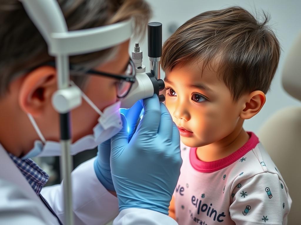 Badanie dna oka u dziecka wykonywane przez okulistę