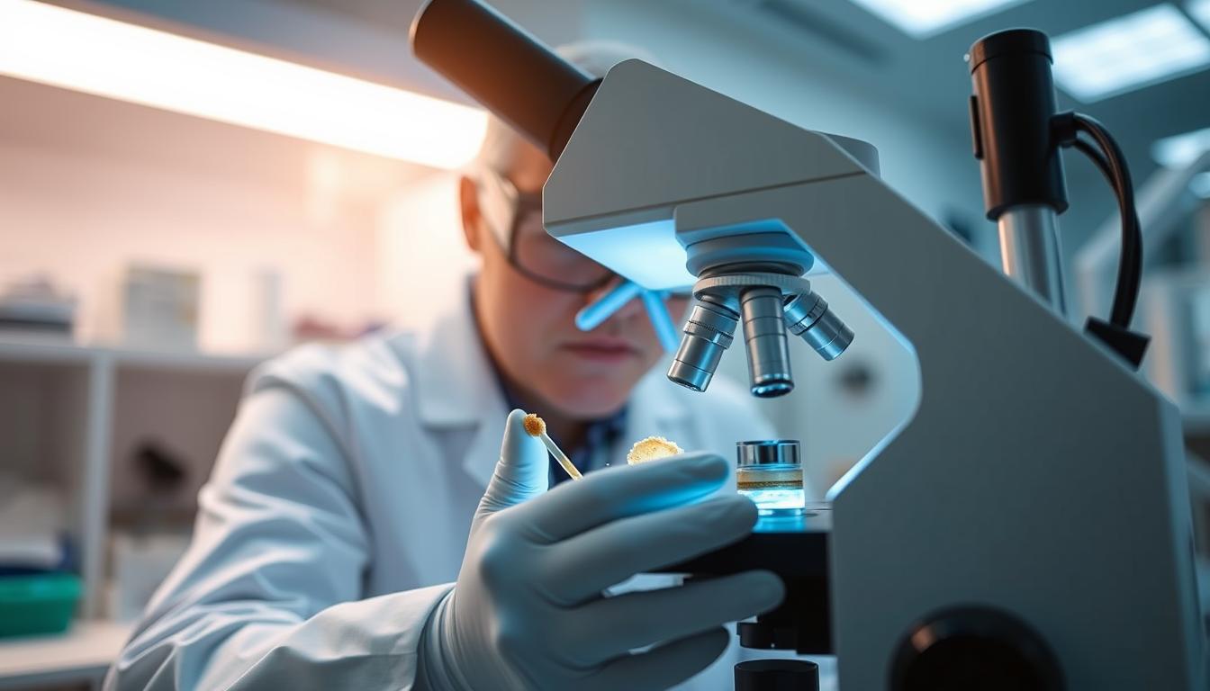 Badanie mykologiczne - laborant analizujący próbkę pod mikroskopem
