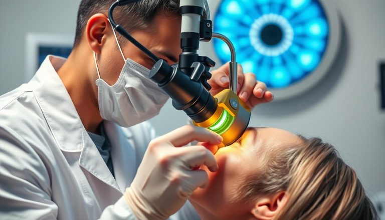 Lekarz wykonujący badanie dna oka za pomocą oftalmoskopu